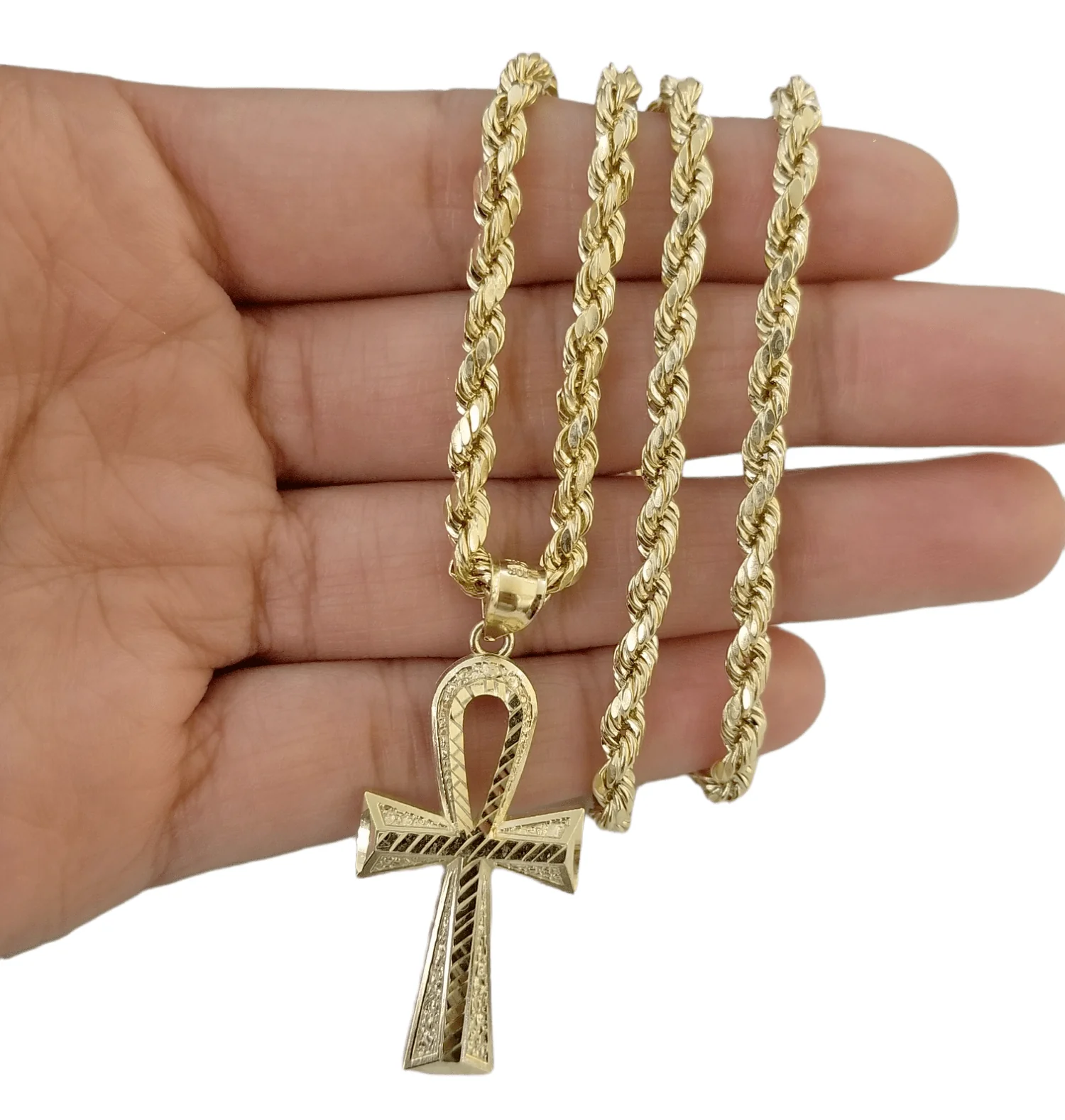 Real 10k Yellow Gold Ankh charm pendant 2.2 Inches Diamond Cuts Charm for Chains - Image 4