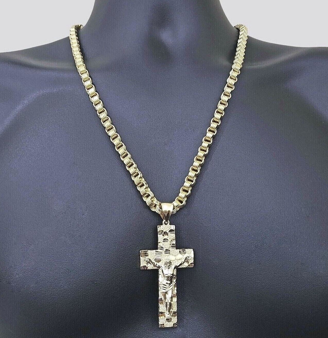 Real 10k Yellow Gold Box Byzantine Chain 24'' Necklace JesusCross Charm pendant