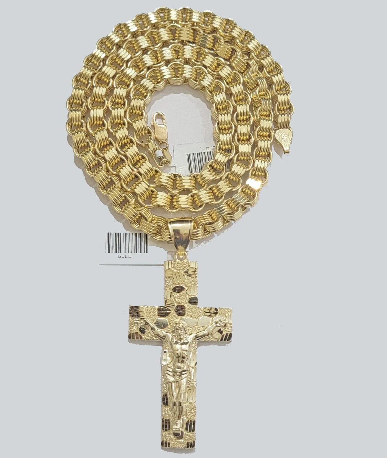 Real 10k Yellow Gold  Byzantine Chain Nugget Cross Charm Pendant Necklace SETS - Image 2