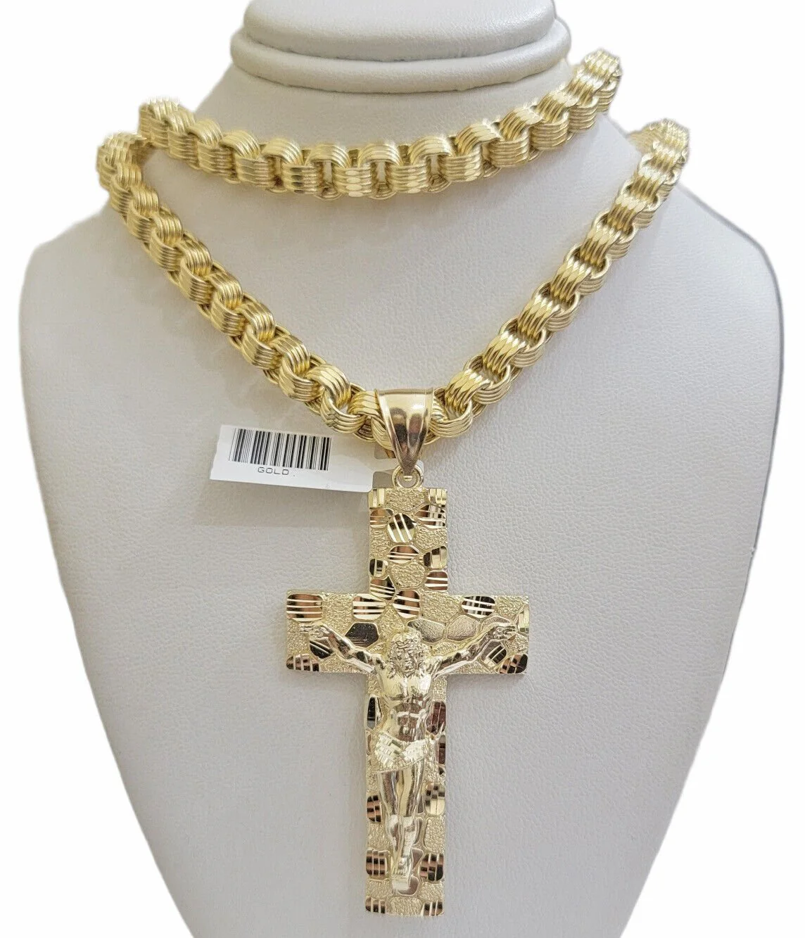 Real 10k Yellow Gold  Byzantine Chain Nugget Cross Charm Pendant Necklace SETS - Image 5