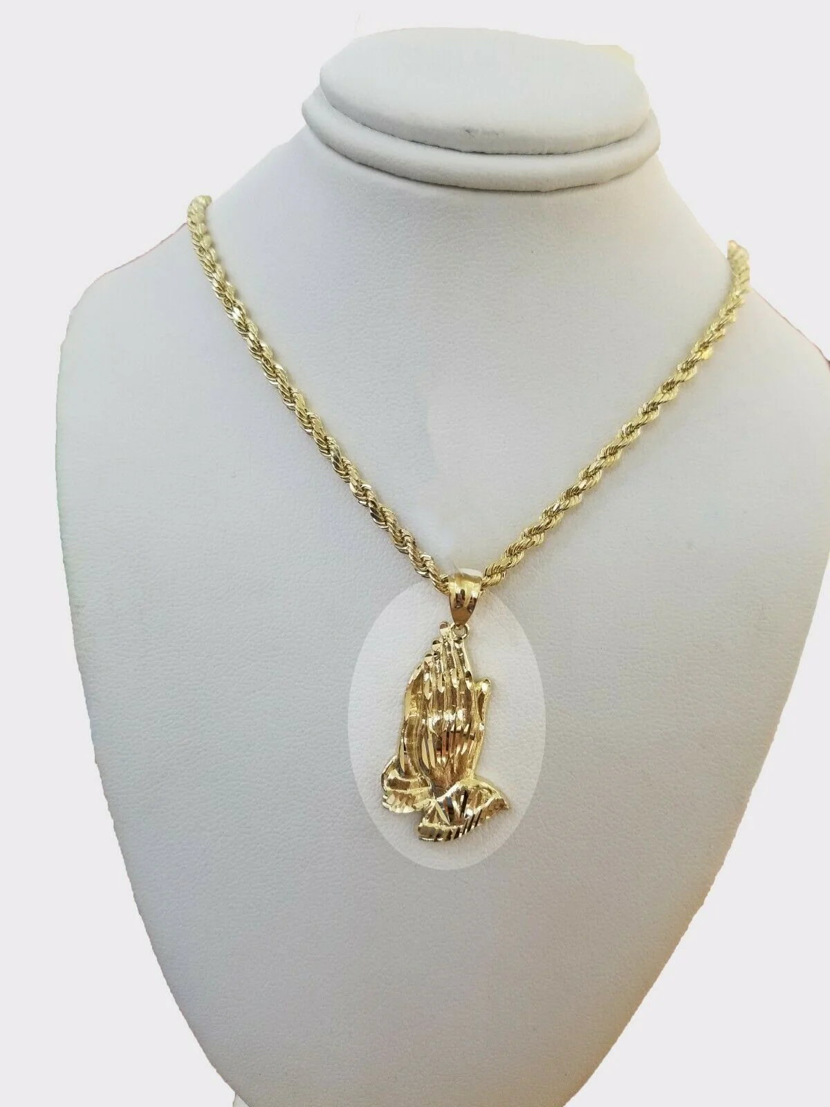 Real 10k Yellow Gold Chain & Charm Praying hand pendant , 22" 3mm Rope Necklace - Image 3
