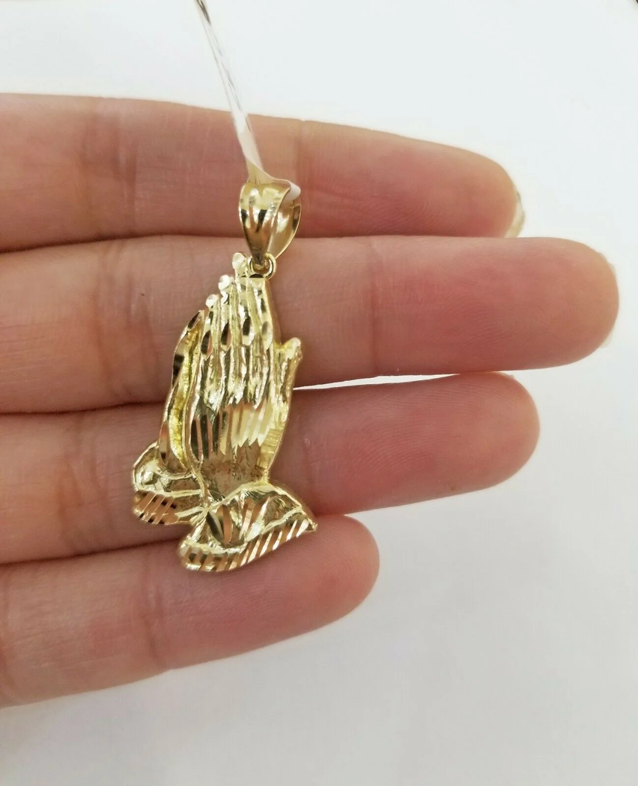 Real 10k Yellow Gold Chain & Charm Praying hand pendant , 24" 3mm Rope Necklace - Image 2