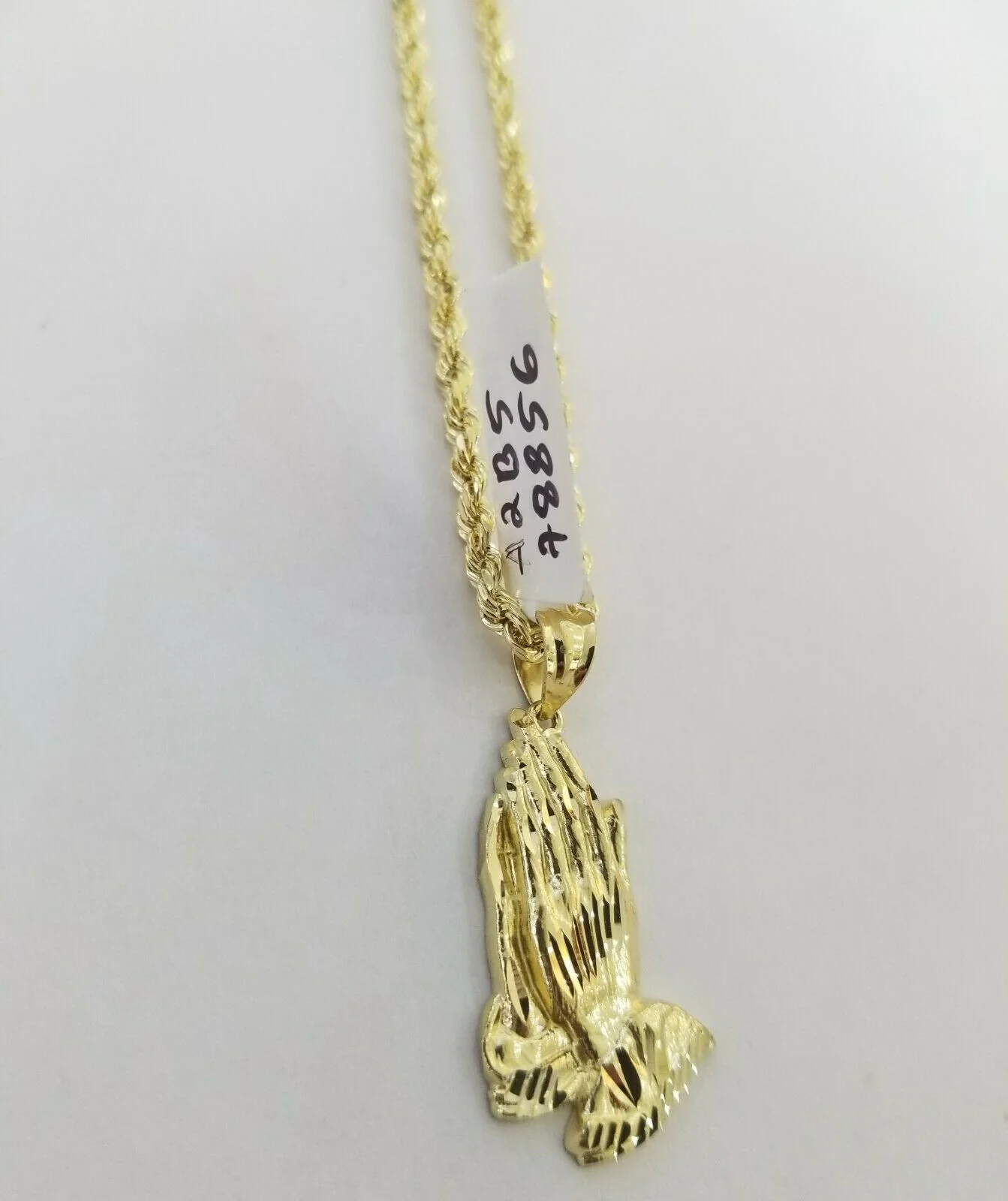Real 10k Yellow Gold Chain & Charm Praying hand pendant , 26" 3mm Rope Necklace - Image 5