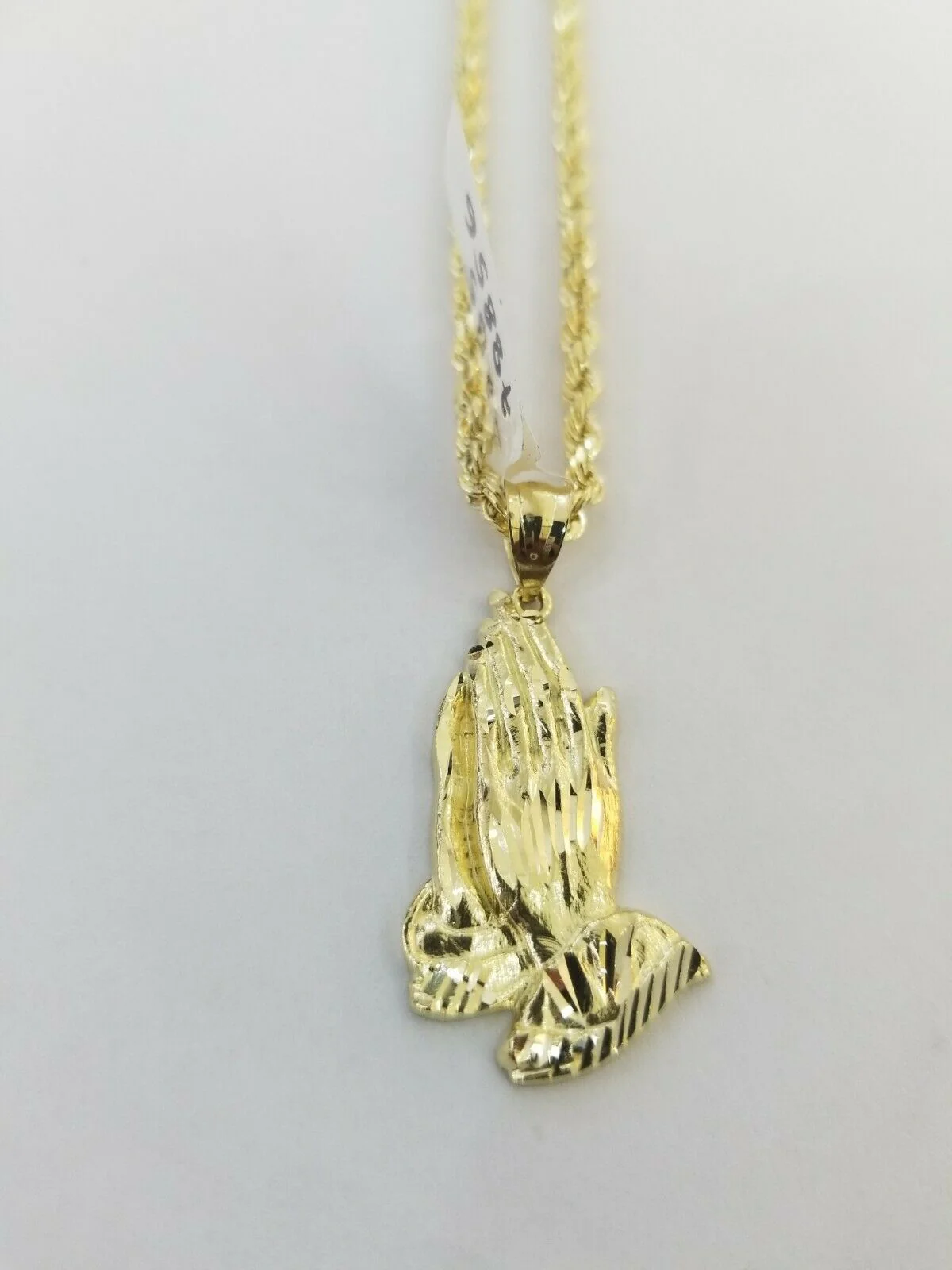 Real 10k Yellow Gold Chain & Charm Praying hand pendant , 26" 3mm Rope Necklace - Image 6