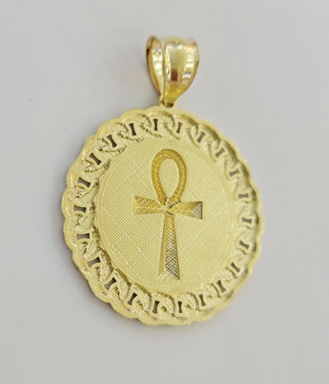 Real 10k Yellow Gold Charm Pendant Ankh Cuban Link Style Medallion Round 10kt - Image 8