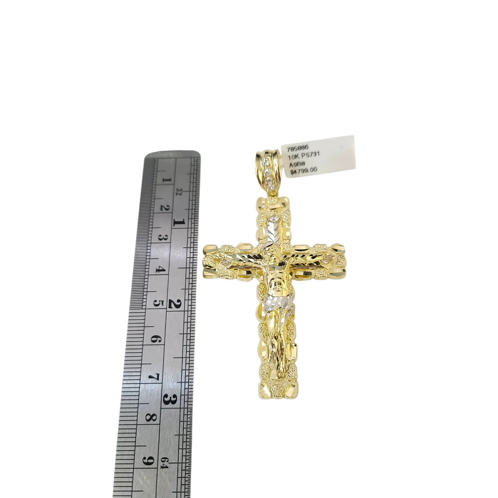Real 10k Yellow Gold Charm Pendant CZ Nugget Cross 3" Diamond Cuts 10KT - Image 3