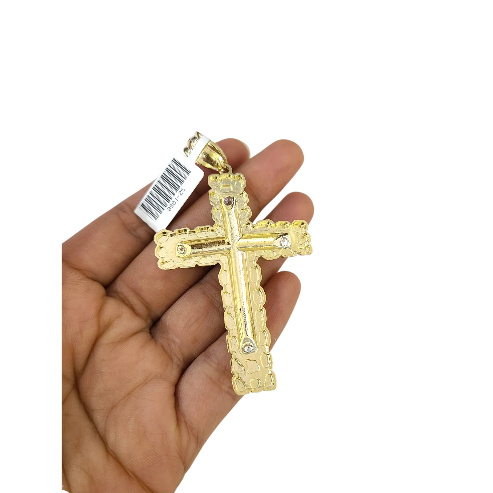Real 10k Yellow Gold Charm Pendant CZ Nugget Cross 3" Diamond Cuts 10KT - Image 5