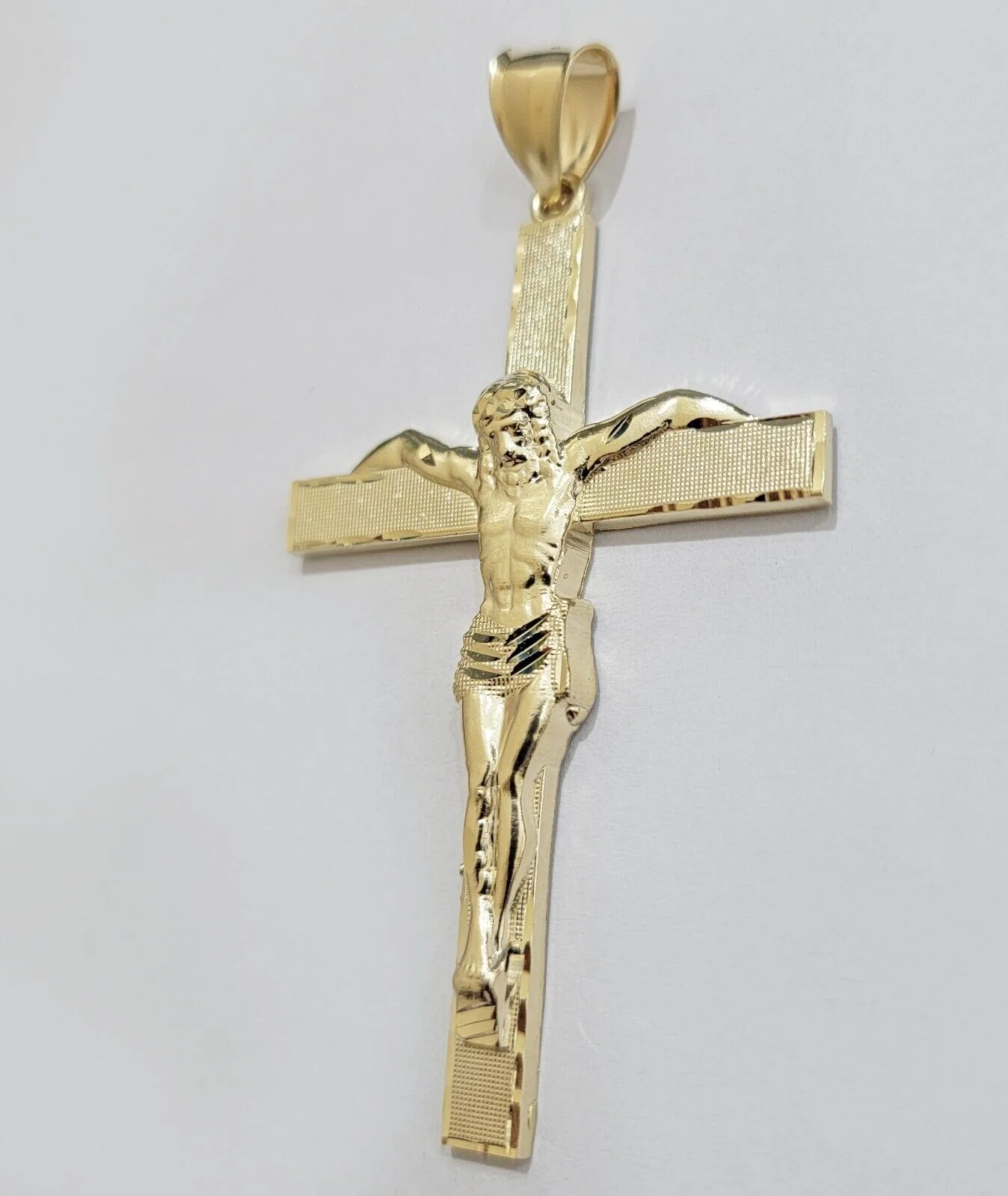 Real 10k Yellow Gold Cross Charm Pendant Jesus Crucifix 3.5" Inch 10KT For Chain - Image 4