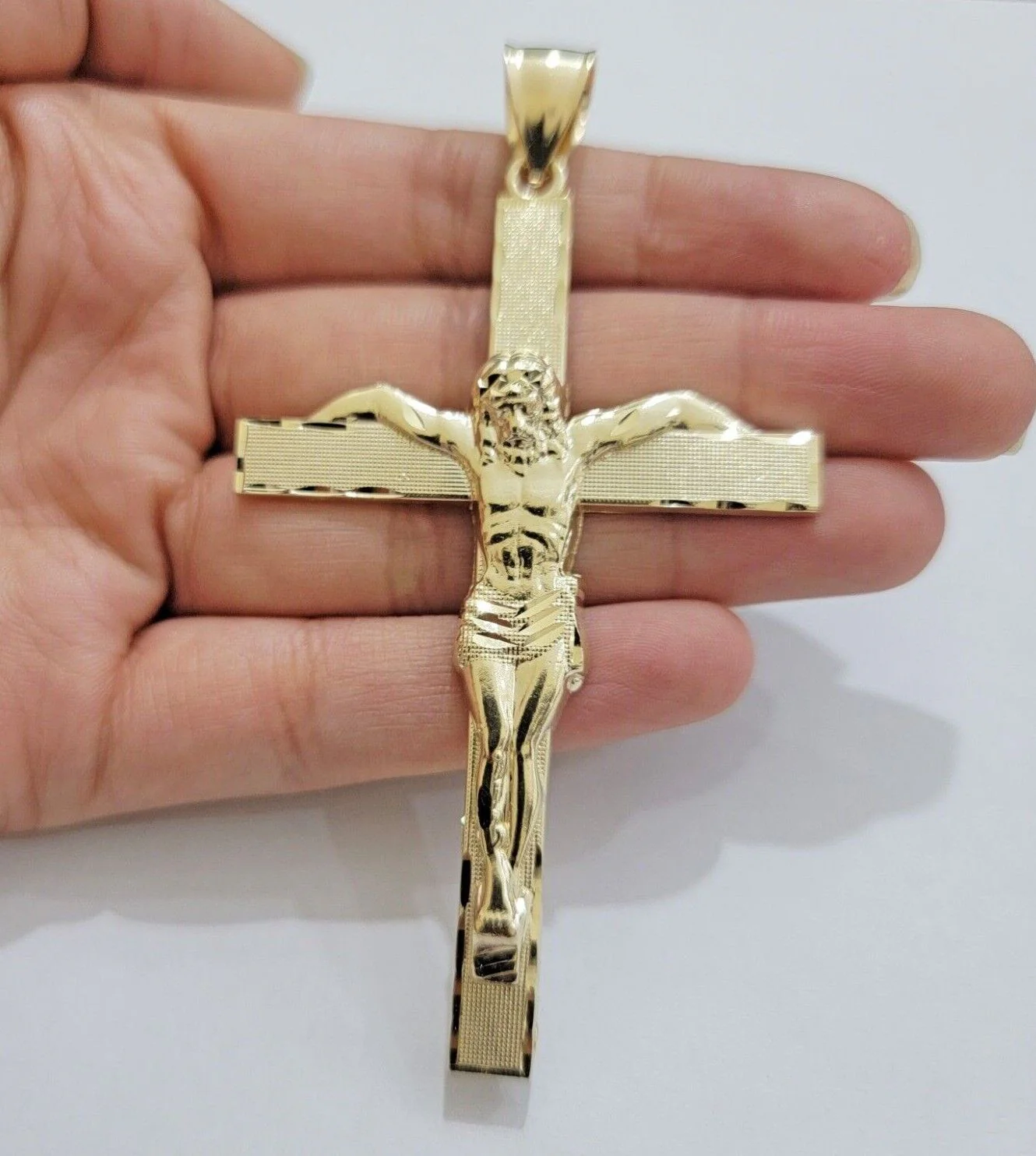Real 10k Yellow Gold Cross Charm Pendant Jesus Crucifix 3.5" Inch 10KT For Chain - Image 6