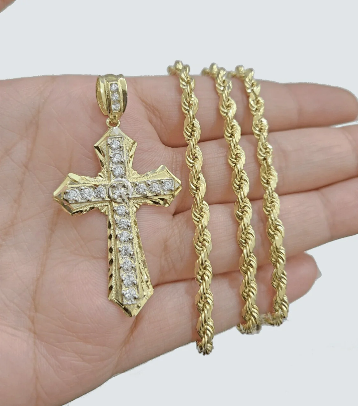 Real 10k Yellow Gold Cross Charm Rope Chain Necklace 4mm 28'' Pendant 10kt Jesus - Image 5