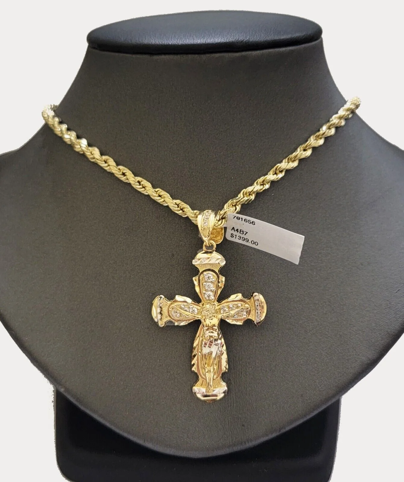 Real 10k Yellow Gold Cross pendant With Rope Chain Necklace 5mm 20" SET Charm - Image 4