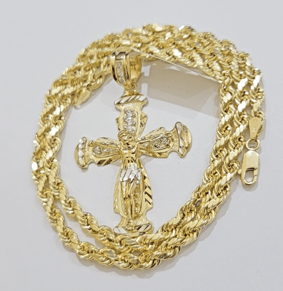 Real 10k Yellow Gold Cross pendant With Rope Chain Necklace 5mm 20" SET Charm - Image 5