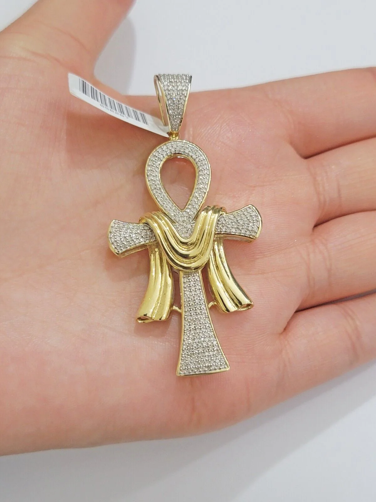 Real 10k Yellow Gold Diamond Ankh Cross Charm Pendant 0.80 CT Mens 2.5Inch