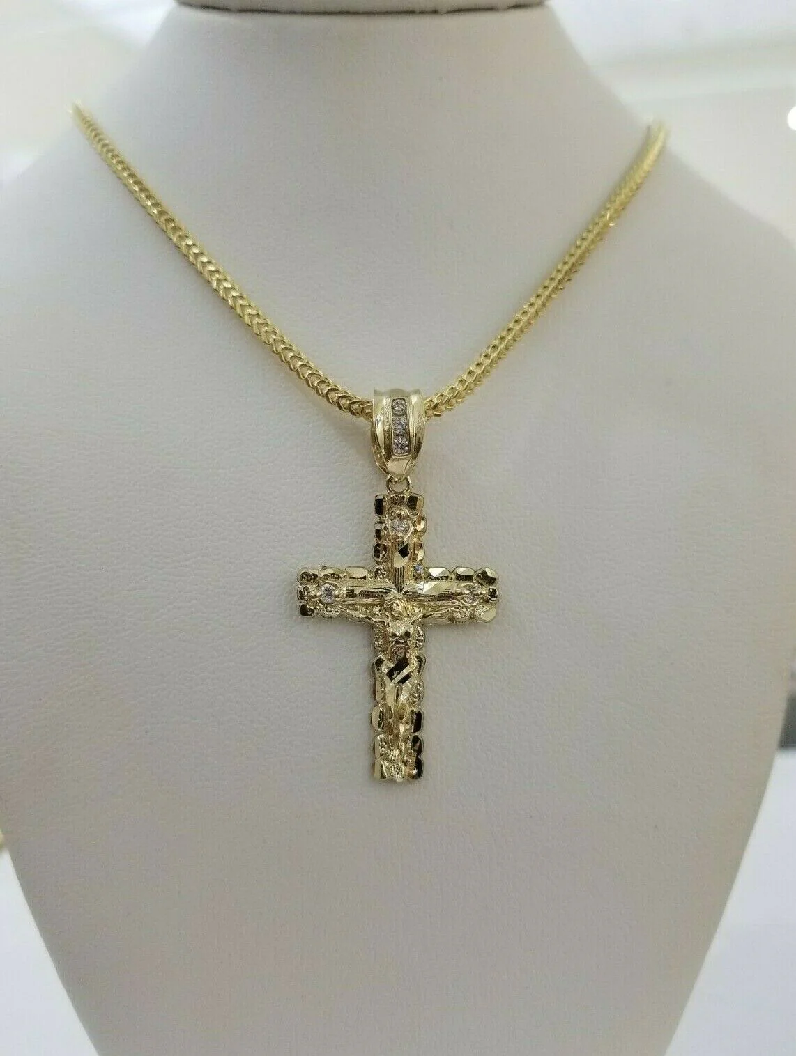 REAL 10k Yellow Gold Franco Chain & Cross Charm Pendant Set 16"-26" 2mm Necklace - Image 3