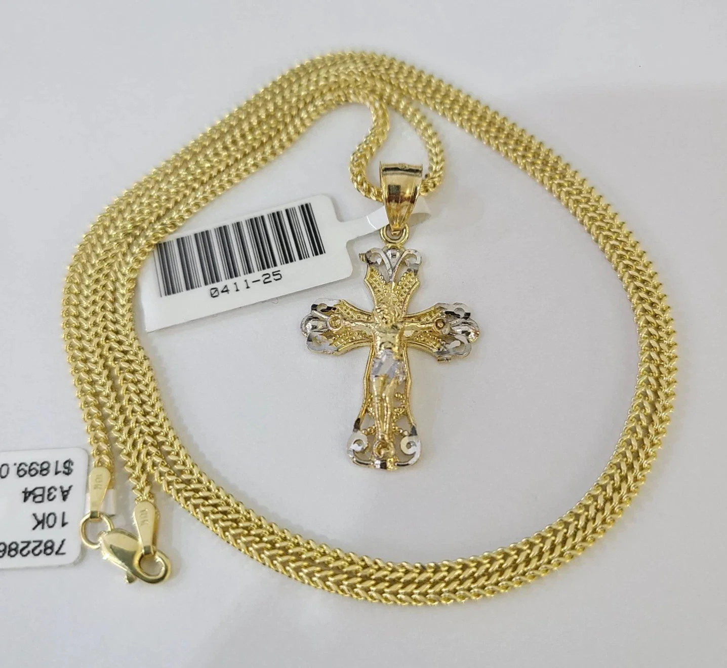 Real 10k Yellow Gold Franco Chain Jesus Cross Pendant Charm 2mm Necklace - Image 3