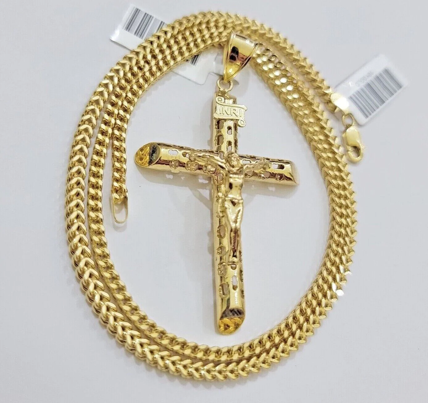REAL 10k Yellow Gold Franco Necklace Cross Pendant Chain 24 Inch &Jesus Crucifix - Image 3