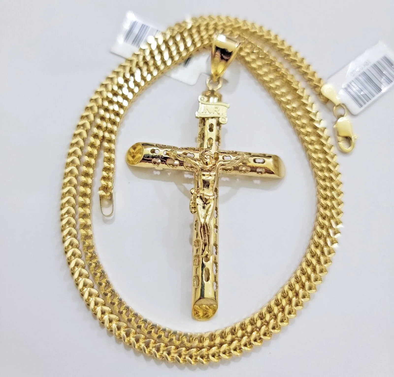 REAL 10k Yellow Gold Franco Necklace Cross Pendant Chain 24 Inch &Jesus Crucifix - Image 7