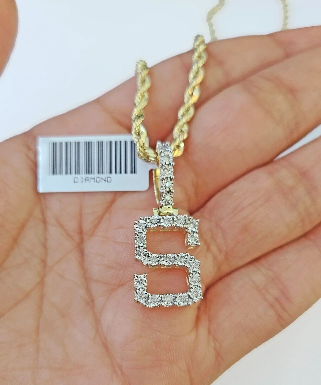 Real 10k Yellow Gold Genuine Diamond "S" Initial Pendent with 22 Inch Rope Chain - Image 3