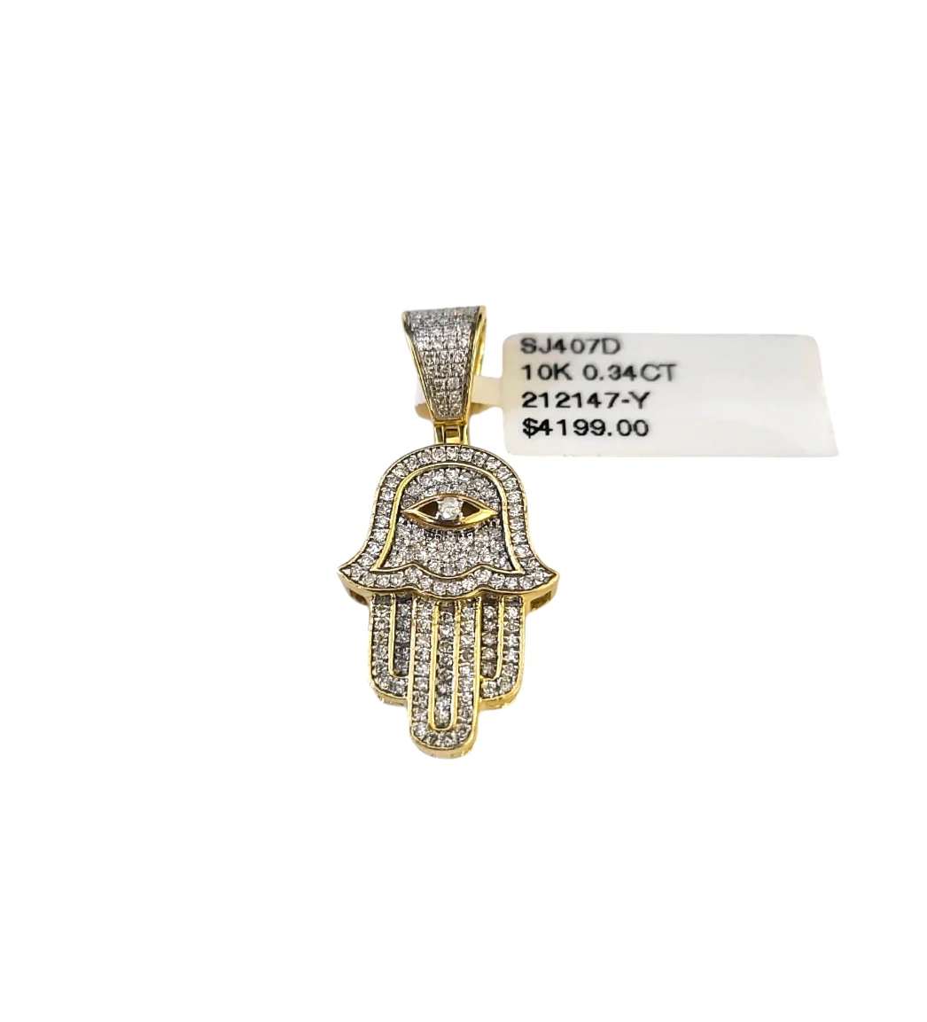 Real 10k Yellow Gold Hamsa Hand Diamond Charm Pendant 1.25'' inch Genuine 10kt