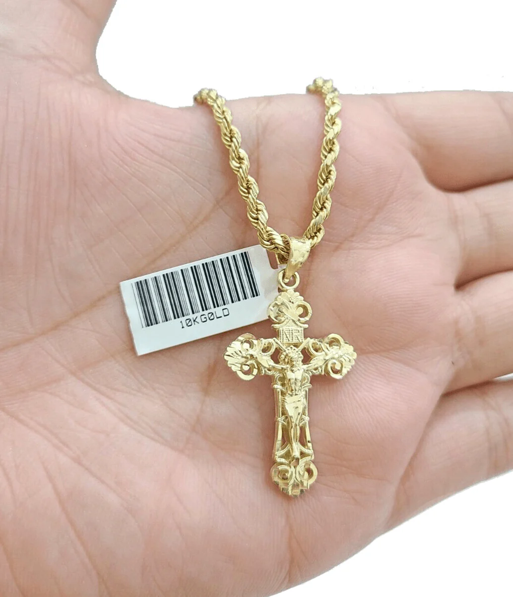 Real 10k Yellow Gold Jesus Cross Charm Rope Chain Necklace 3mm 18'' Pendant 10kt