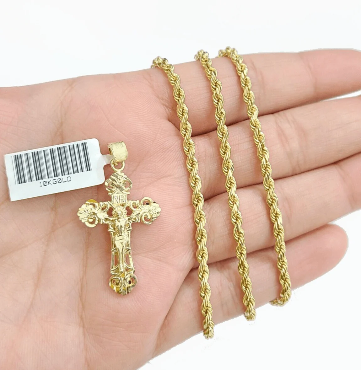 Real 10k Yellow Gold Jesus Cross Charm Rope Chain Necklace 3mm 18'' Pendant 10kt - Image 3