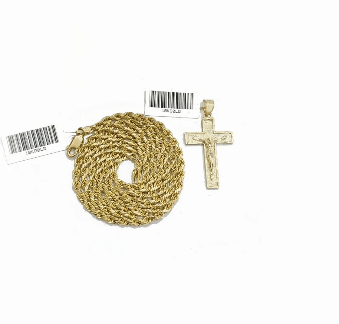 Real 10k Yellow Gold Jesus Cross Charm Rope Chain Necklace 3mm 18'' Pendant 10kt - Image 3