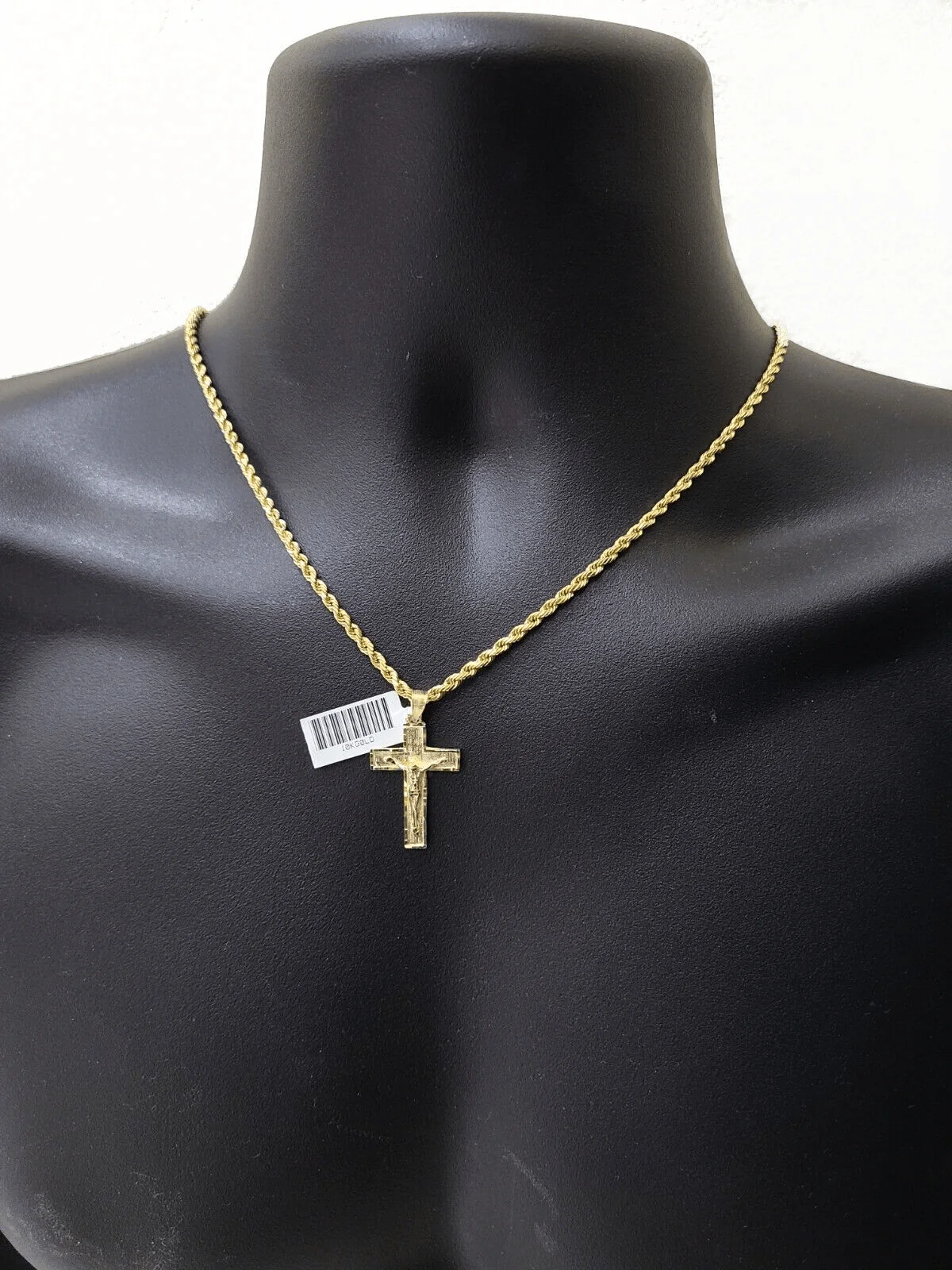 Real 10k Yellow Gold Jesus Cross Charm Rope Chain Necklace 3mm 18'' Pendant 10kt - Image 4