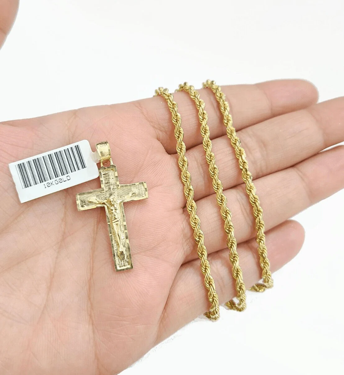 Real 10k Yellow Gold Jesus Cross Charm Rope Chain Necklace 3mm 22'' Pendant 10kt - Image 4