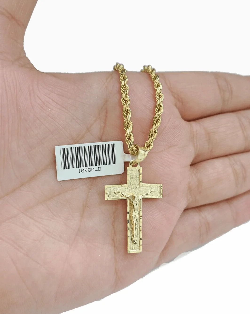 Real 10k Yellow Gold Jesus Cross Charm Rope Chain Necklace 3mm 24'' Pendant 10kt - Image 3