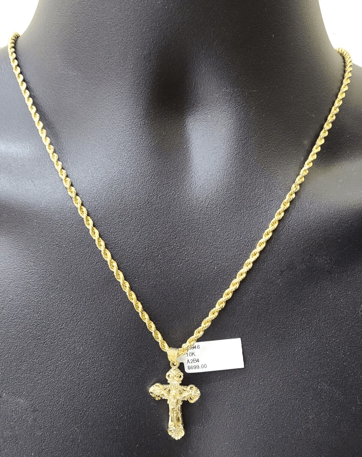Real 10k Yellow Gold Jesus Cross Charm Rope Chain Necklace 3mm 28'' Pendant 10kt