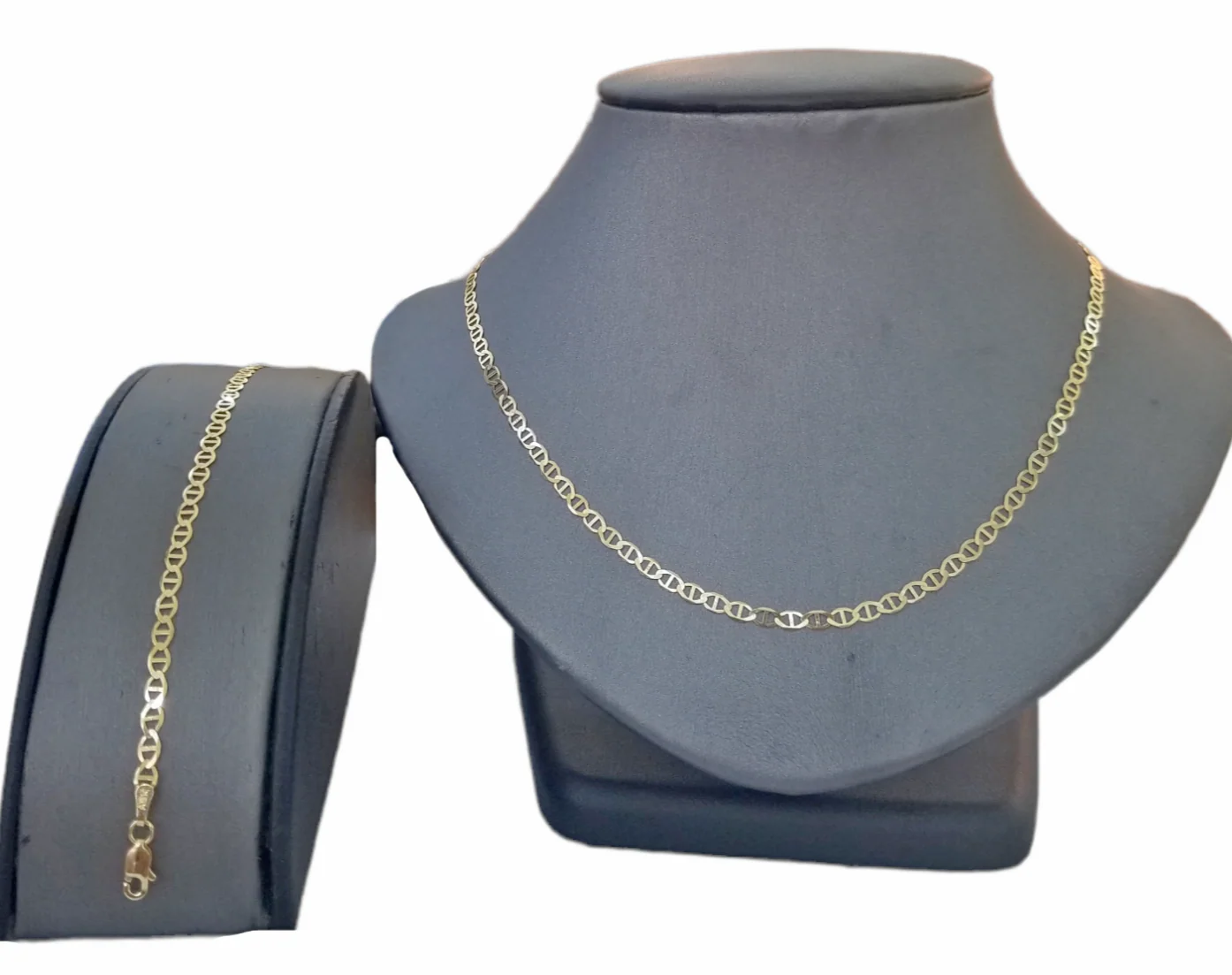 Real 10k Yellow Gold Mariner Anchor Link Necklace Bracelet Set 3mm Chain FOR LADIES