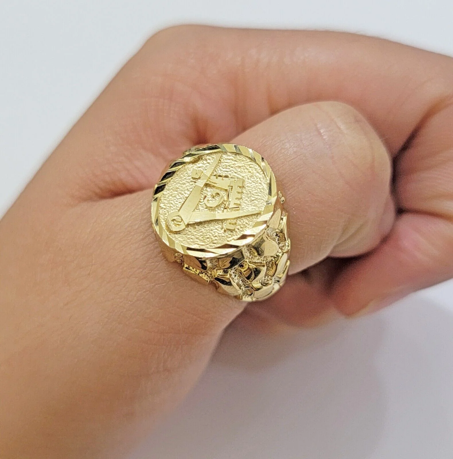 Real 10k Yellow Gold Masonic Ring Mens Nugget Band Round Shape Pinky Casual Ring All Sizes