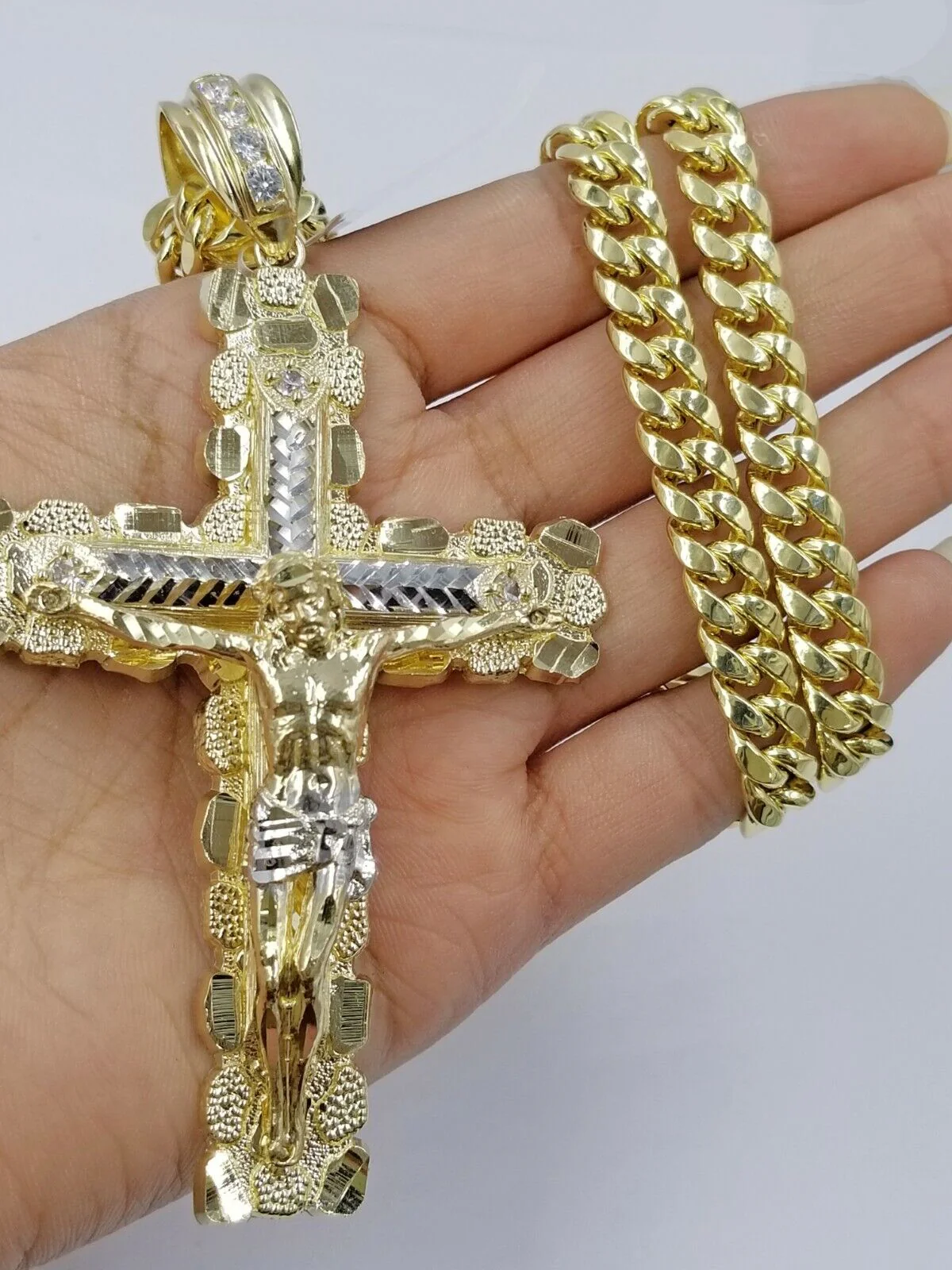 Real 10k Yellow Gold Men Jesus Cross Charm with Miami Cuban Chain Diamond Cut - Image 4