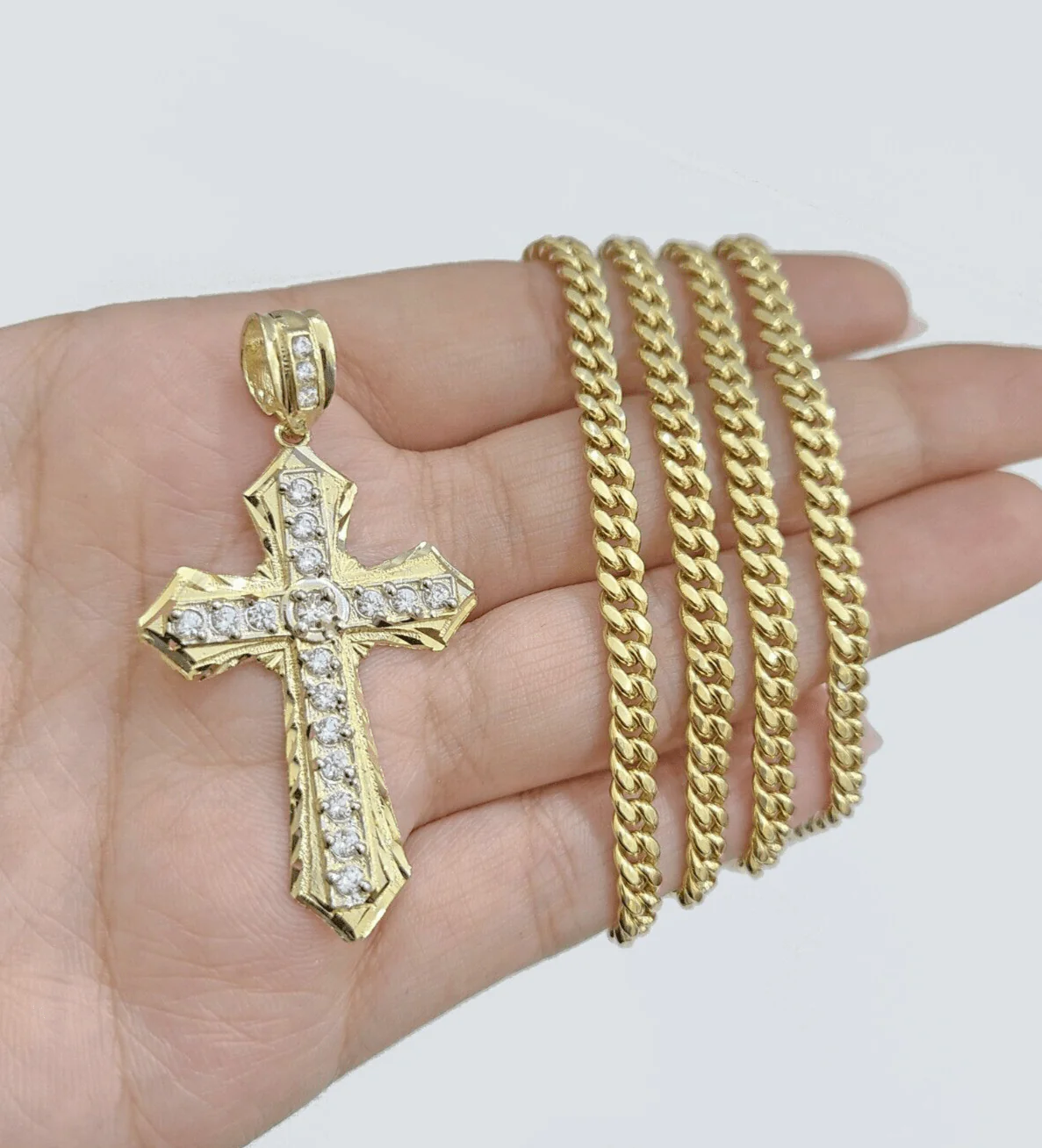 Real 10k Yellow Gold Miami Cuban Chain 5mm 20" inch Necklace Jesus Cross Charm - Image 3