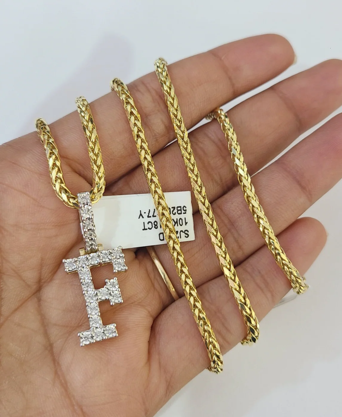 REAL 10k Yellow Gold Palm Chain F Diamond Initial Pendant Charm 3mm SET Necklace
