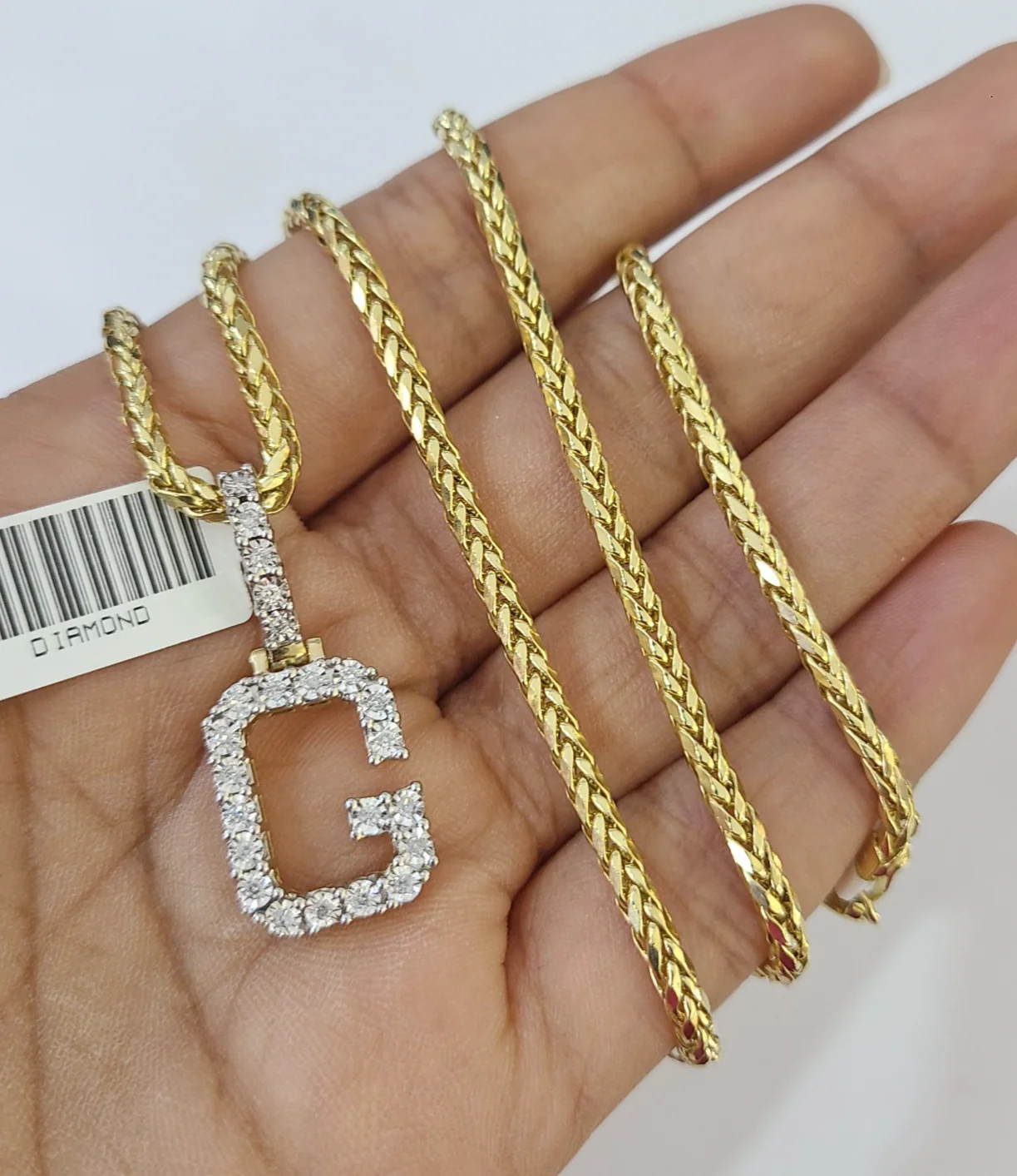 REAL 10k Yellow Gold Palm Chain G Diamond Initial Pendant Charm 3mm SET Necklace - Image 3