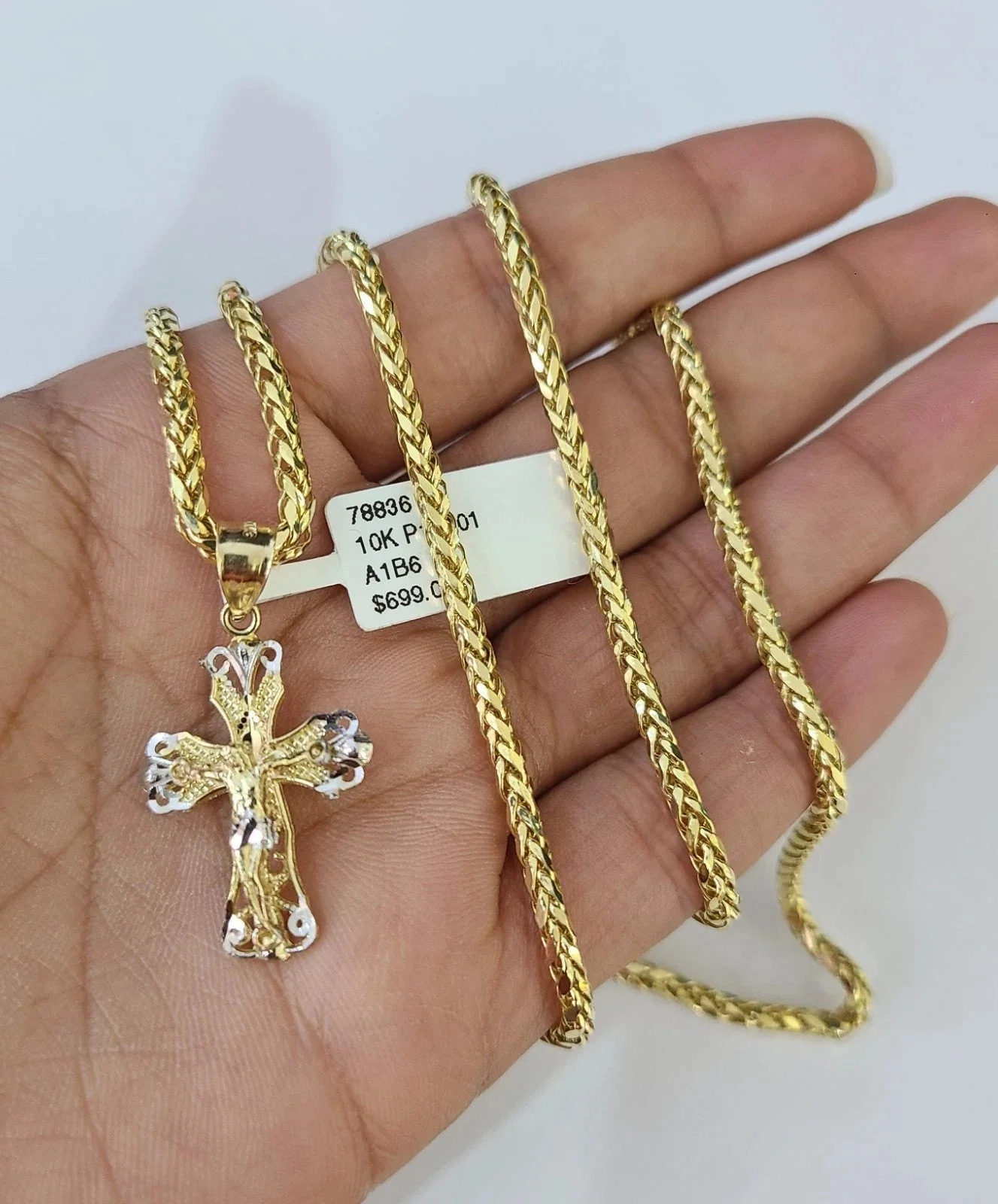 REAL 10k Yellow Gold Palm Chain Jesus Cross Pendant Charm 3mm Necklace