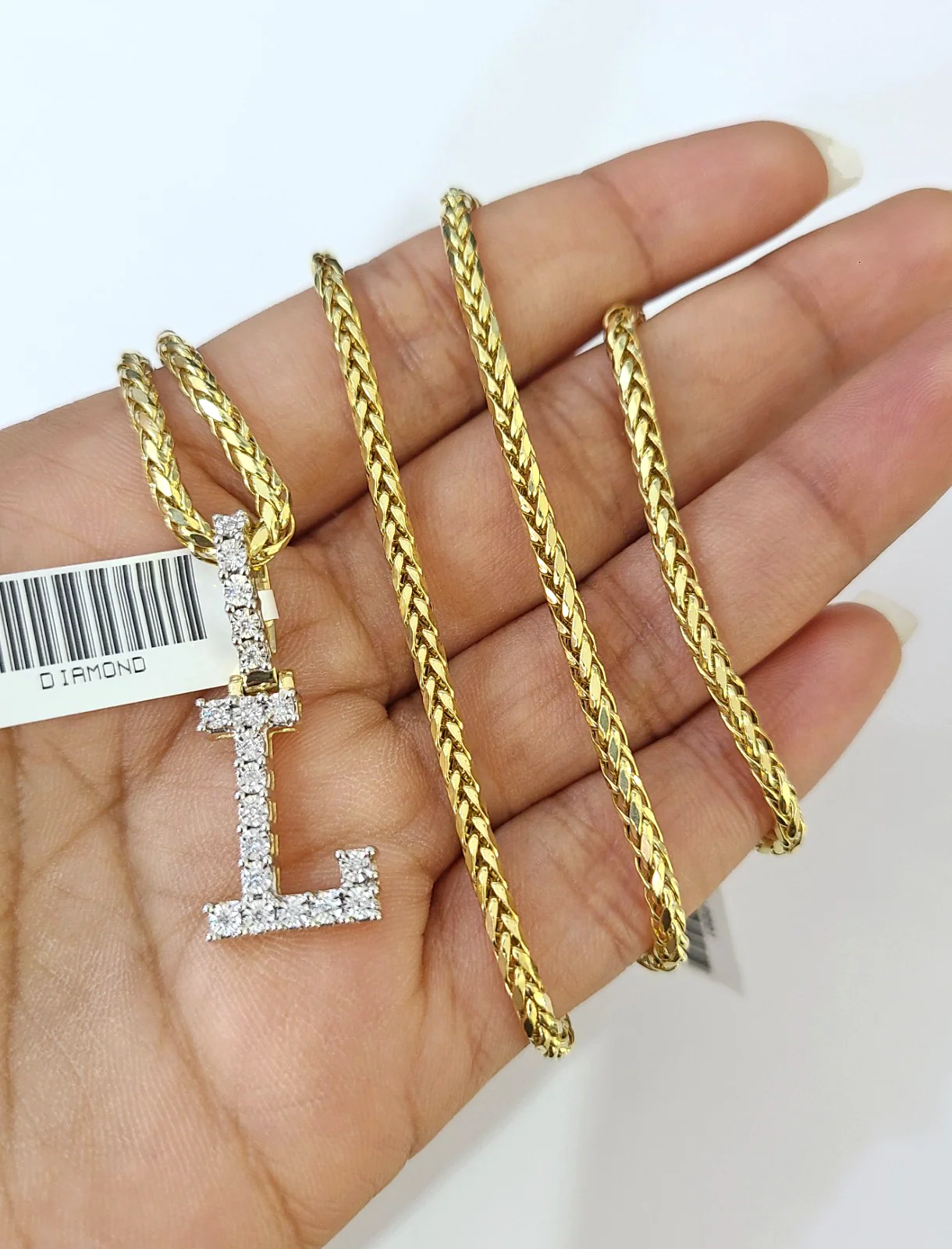 REAL 10k Yellow Gold Palm Chain L Diamond Initial Pendant Charm 3mm SET Necklace - Image 3