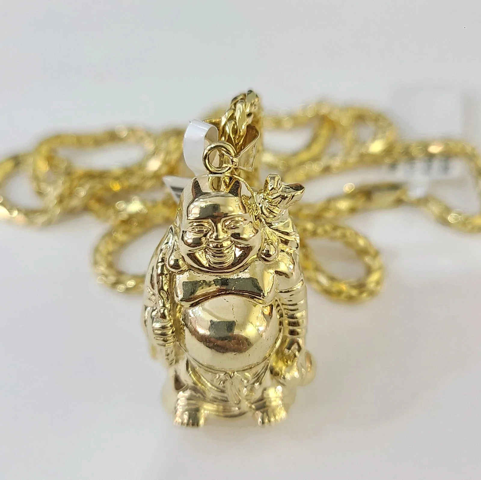 REAL 10k Yellow Gold Palm Chain Laughing Buddha Pendant Charm 3mm Necklace SET - Image 3