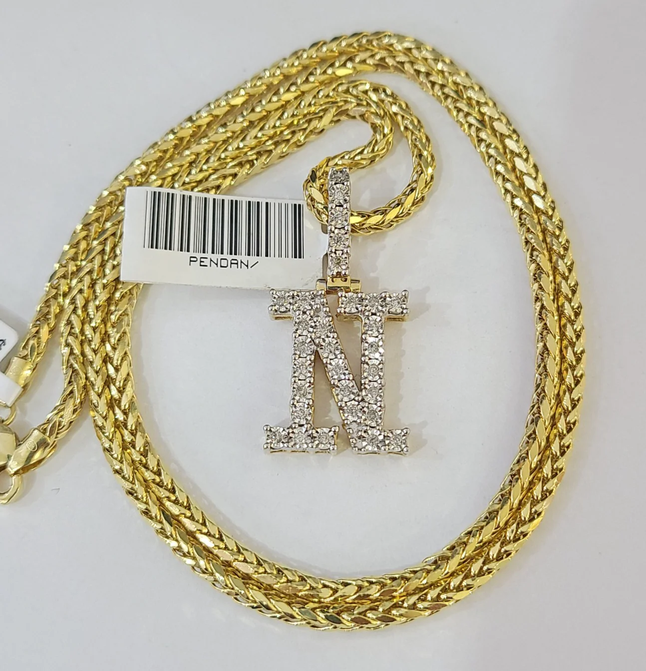 REAL 10k Yellow Gold Palm Chain N Diamond Initial Pendant Charm 3mm SET Necklace - Image 6