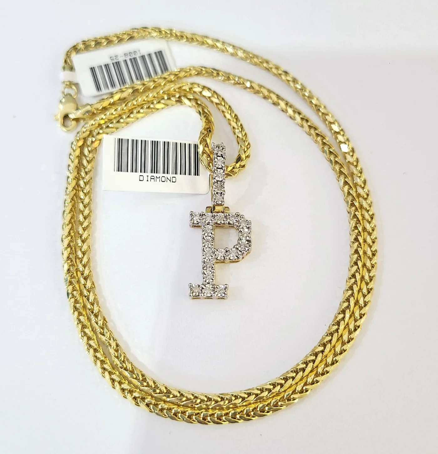 REAL 10k Yellow Gold Palm Chain P Diamond Initial Pendant Charm 3mm SET Necklace