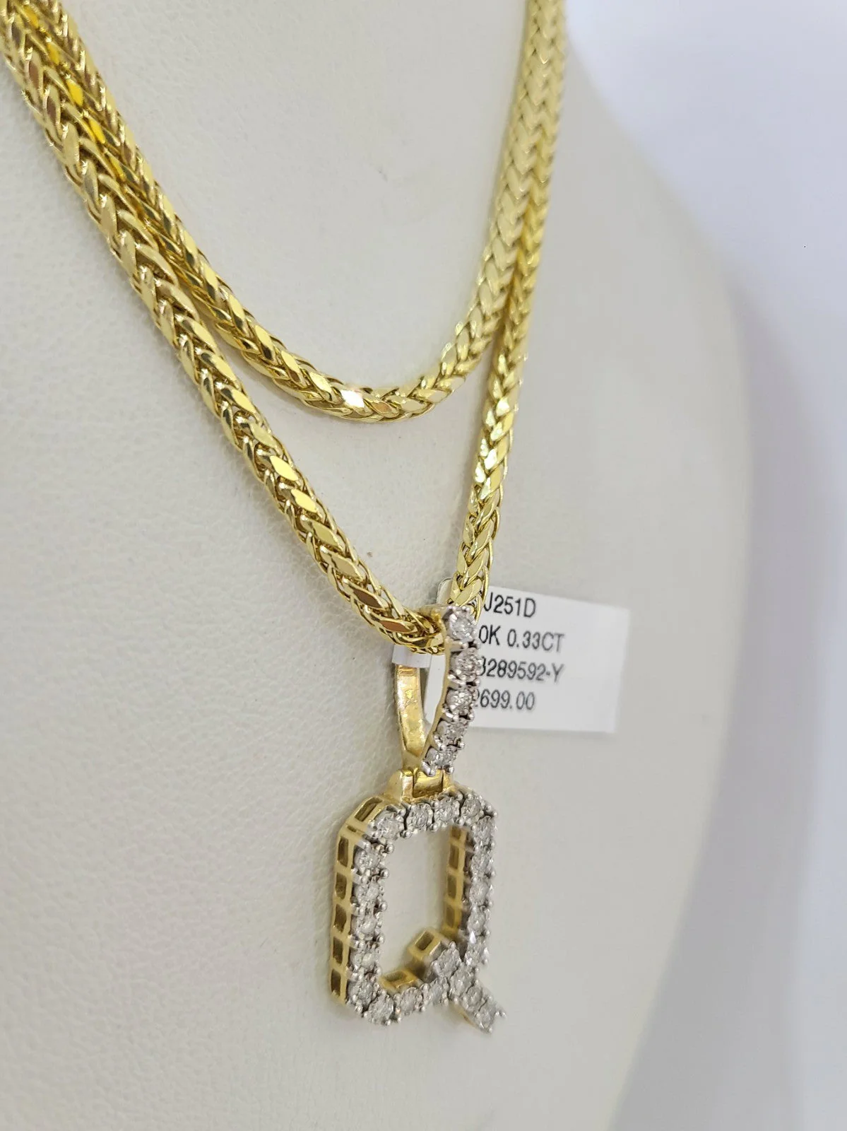 REAL 10k Yellow Gold Palm Chain Q Diamond Initial Pendant Charm 3mm SET Necklace - Image 3