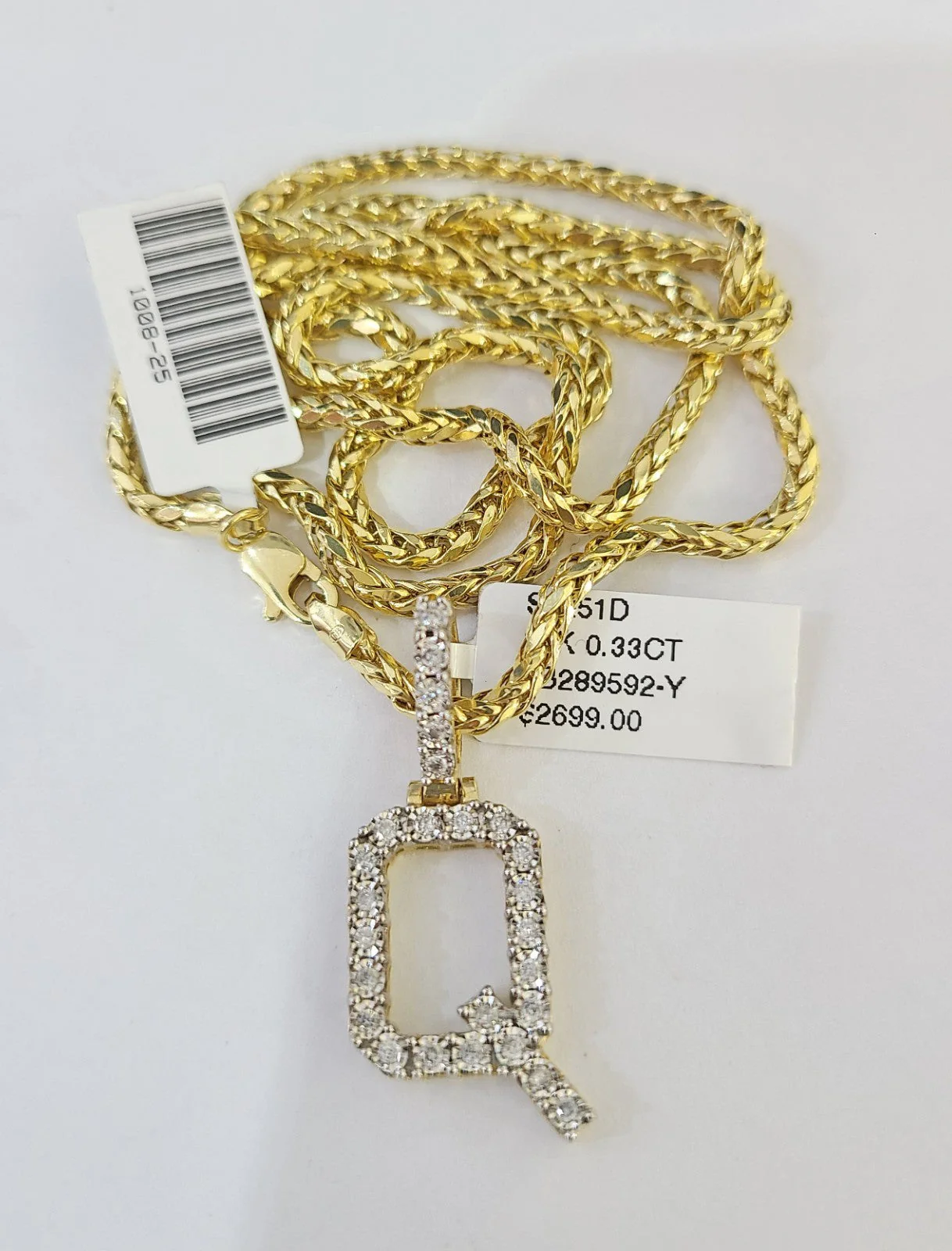 REAL 10k Yellow Gold Palm Chain Q Diamond Initial Pendant Charm 3mm SET Necklace - Image 4