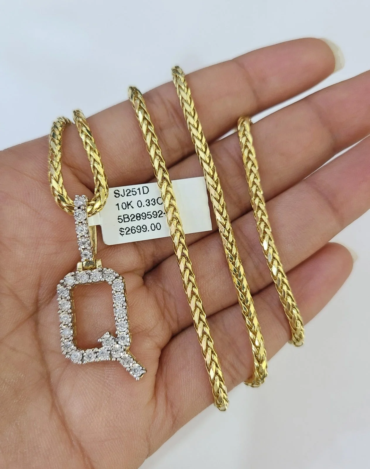 REAL 10k Yellow Gold Palm Chain Q Diamond Initial Pendant Charm 3mm SET Necklace - Image 5