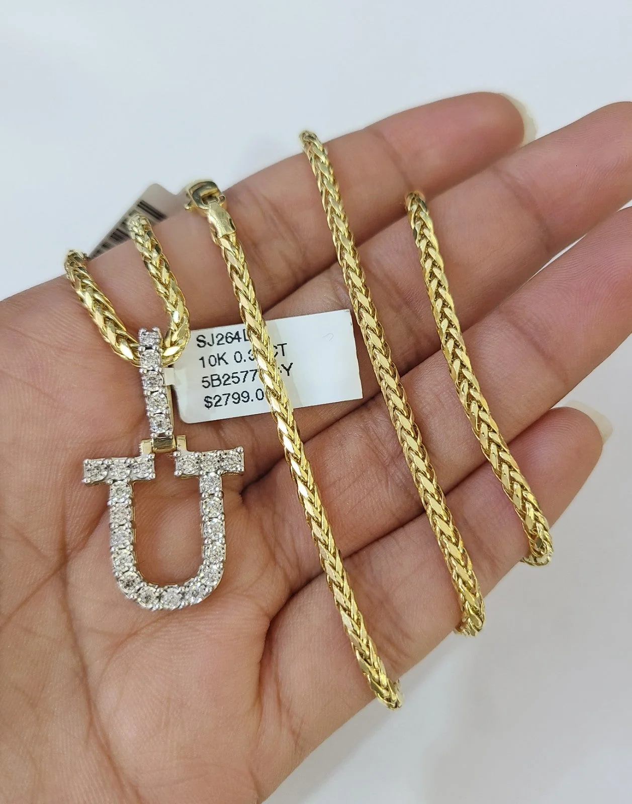 REAL 10k Yellow Gold Palm Chain U Diamond Initial Pendant Charm 3mm SET Necklace