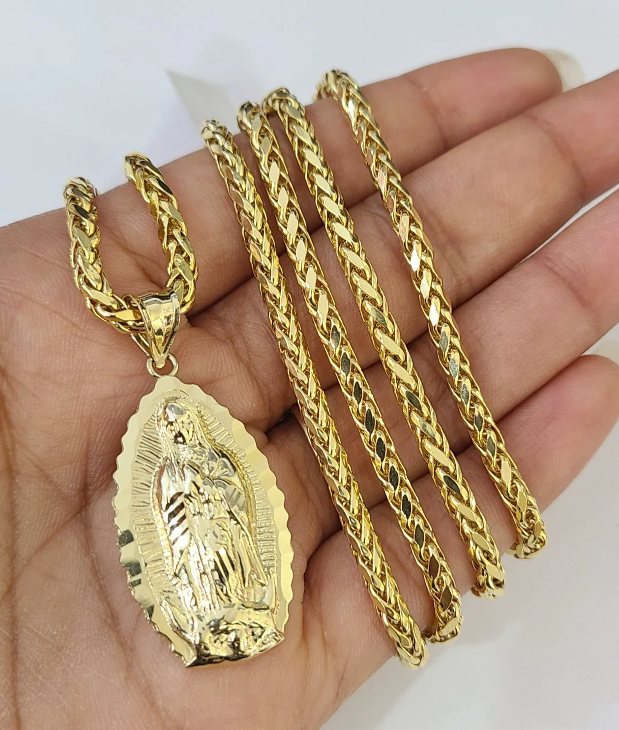 REAL 10k Yellow Gold Palm Chain Virgin Mary Pendant Charm 3mm SET Necklace