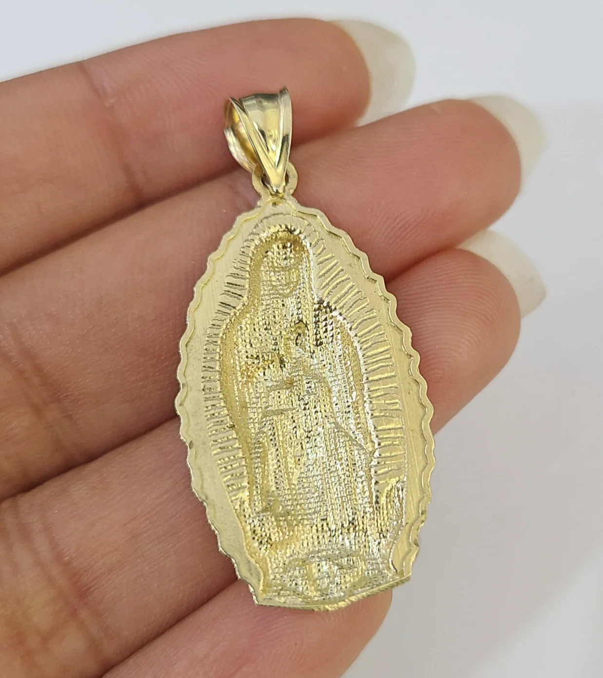 REAL 10k Yellow Gold Palm Chain Virgin Mary Pendant Charm 3mm SET Necklace - Image 6