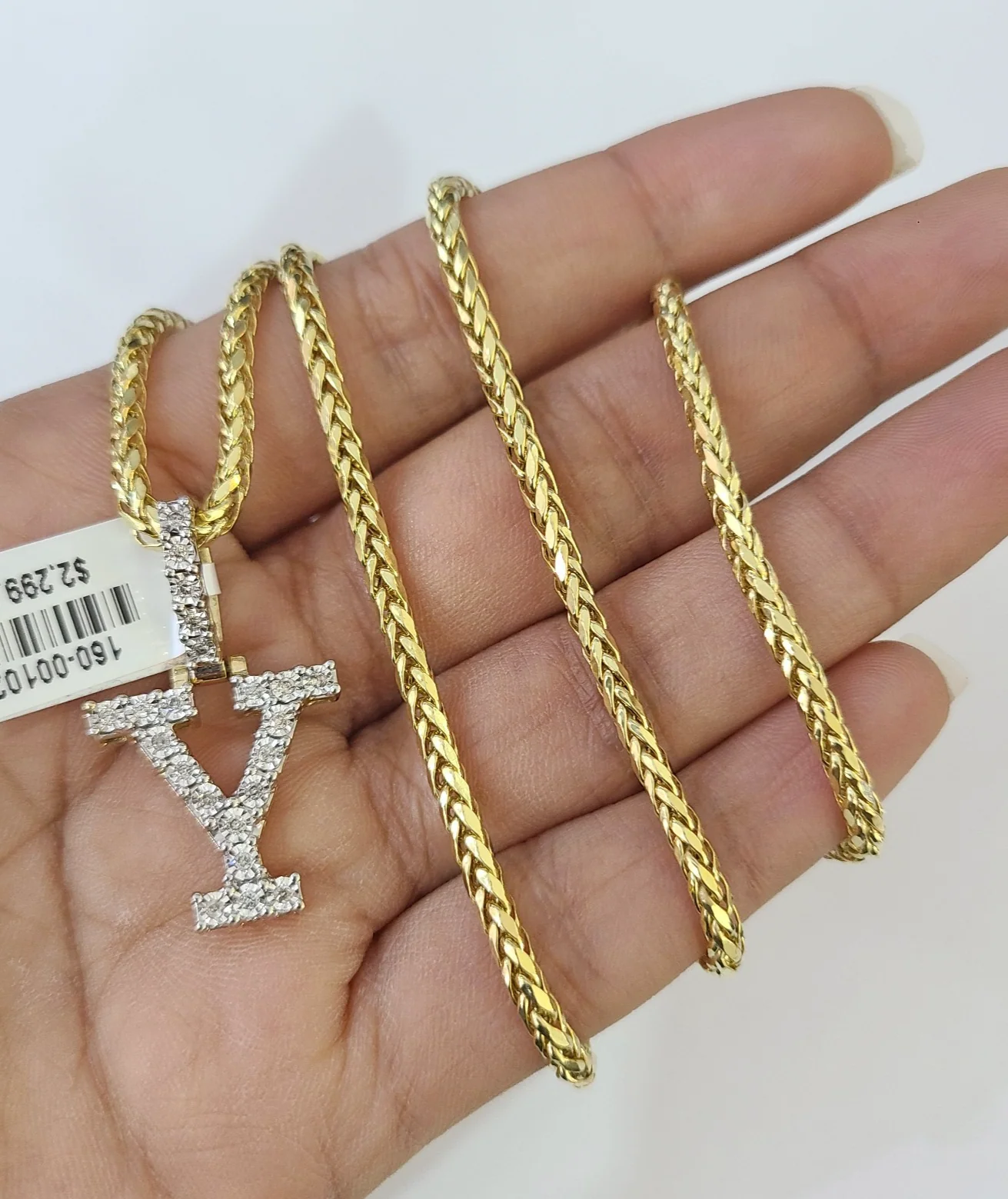 REAL 10k Yellow Gold Palm Chain Y Diamond Initial Pendant Charm 3mm SET Necklace - Image 4