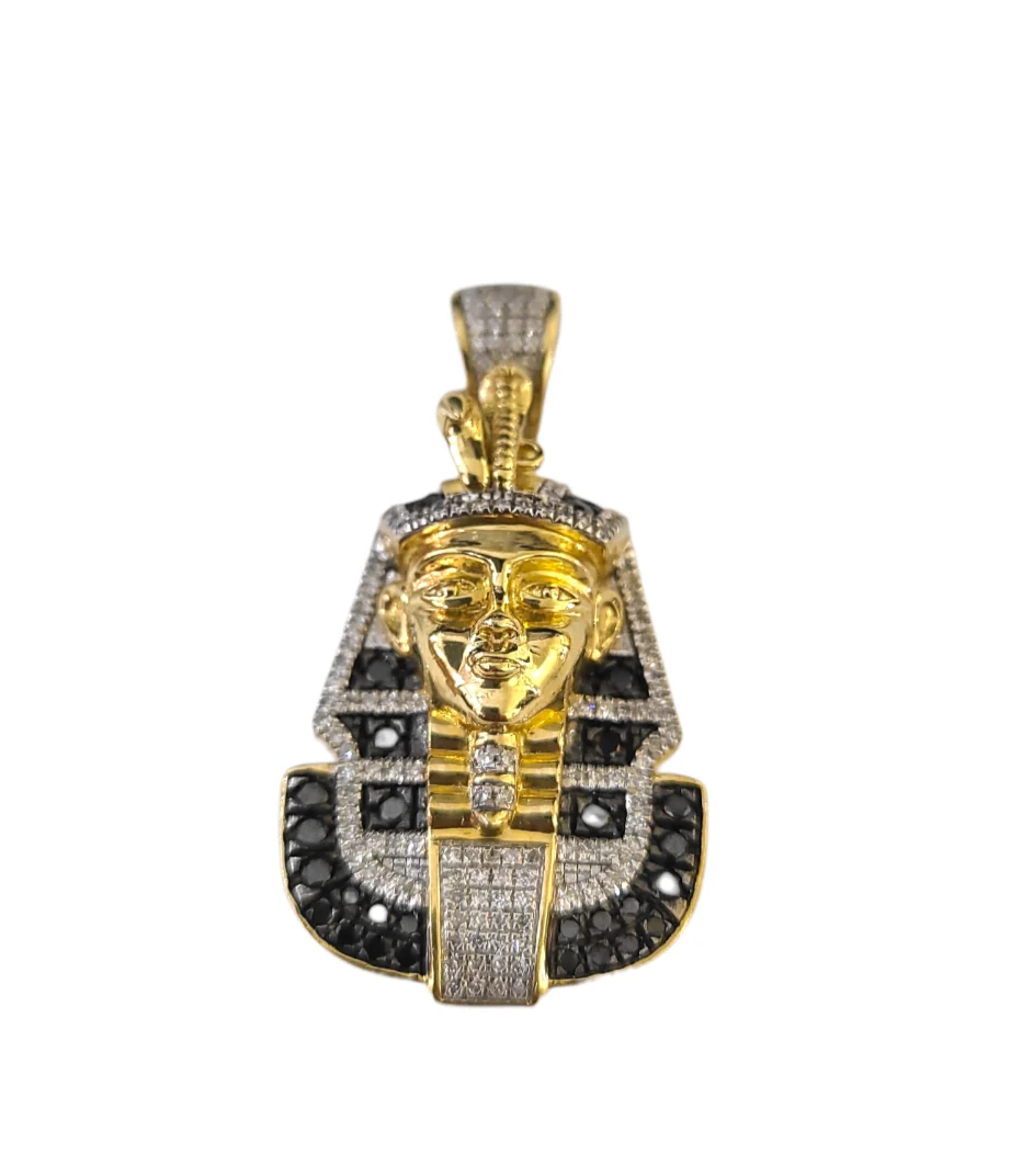 Real 10k Yellow Gold Pharoah Head Charm Pendant Black White Diamonds Men's - Image 2