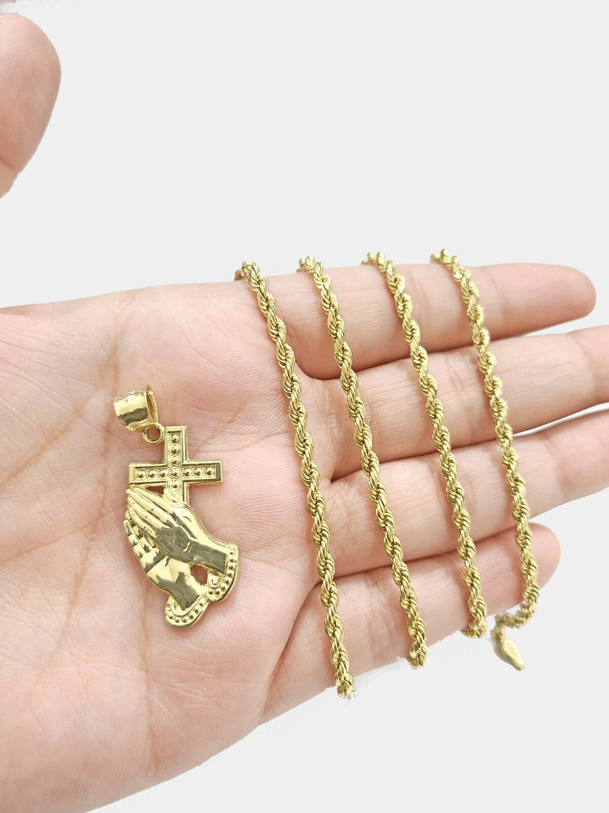 Real 10k Yellow Gold Rope Chain 20'' Necklace Praying Hand Cross Charm Pendant - Image 3